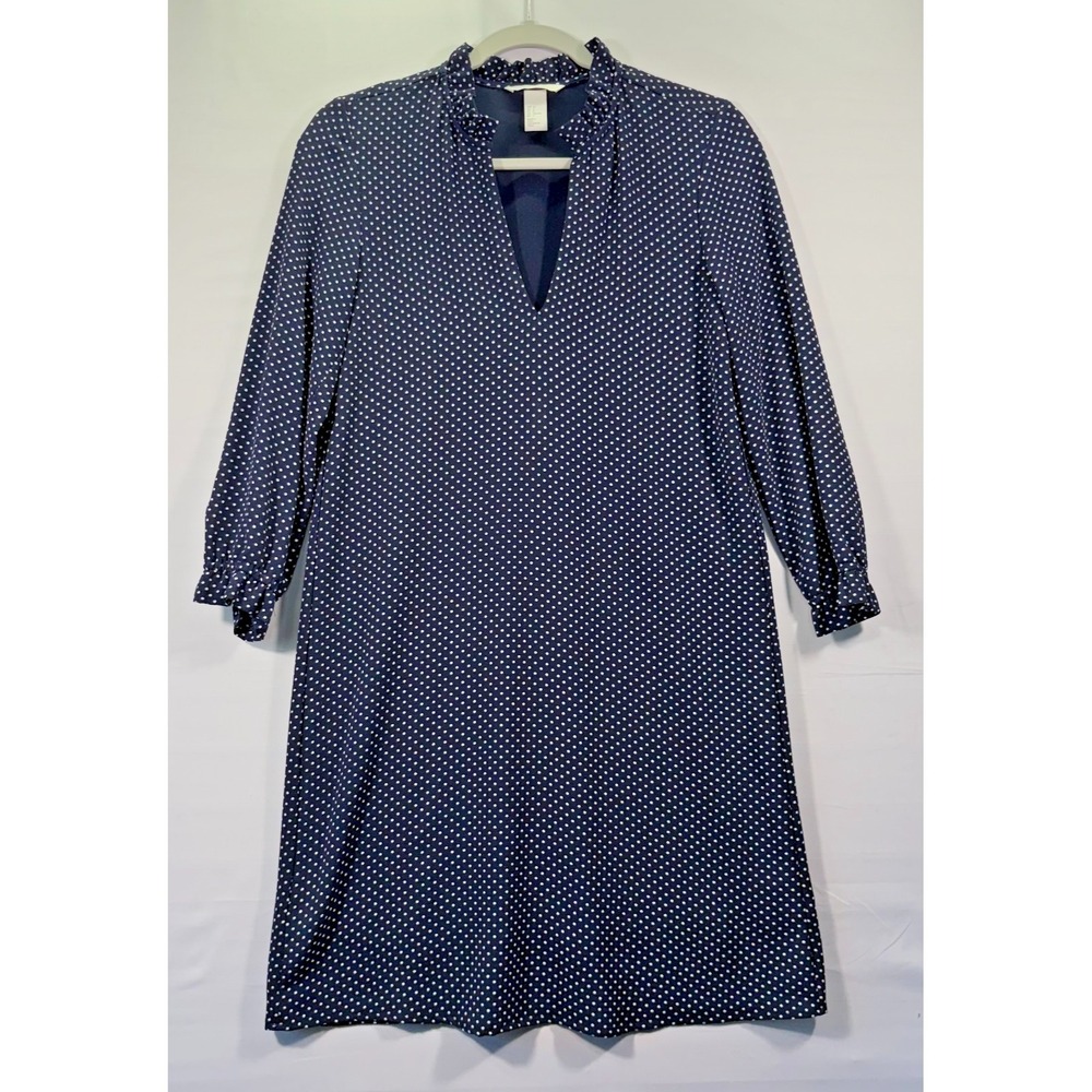 H&M‎ Navy Blue Polka Dot Ruffle Collar V-Neck Shift Dress Long Sleeve Size 2